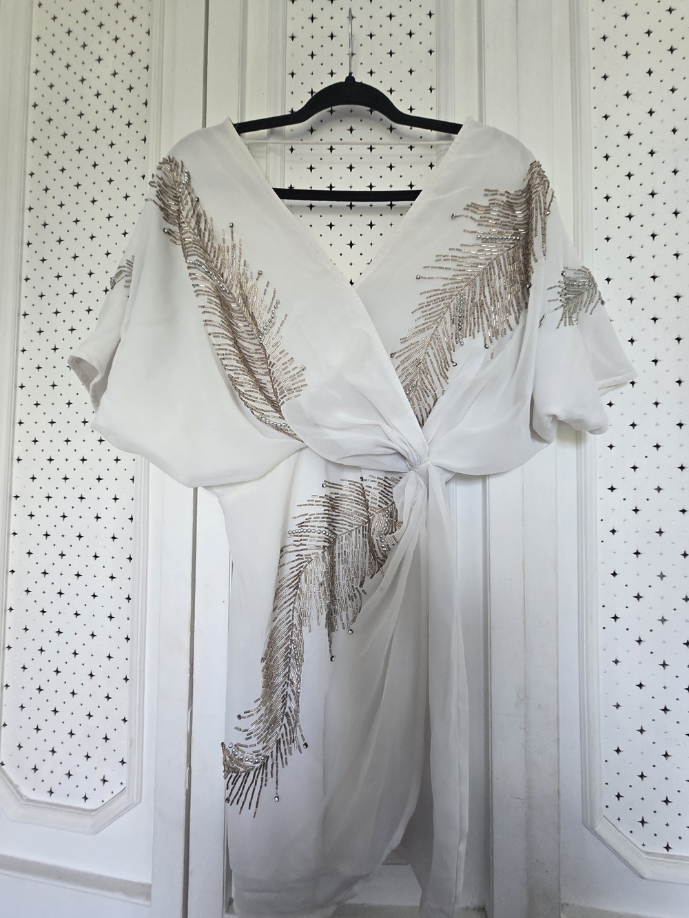 Marciano White Tie-Front Tunic with Gold Beaded Feather Motif